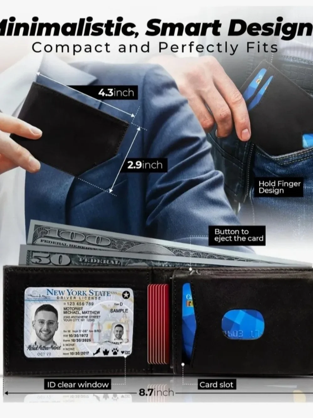 Classic Black Leather Bi-Fold Wallet with Card Window